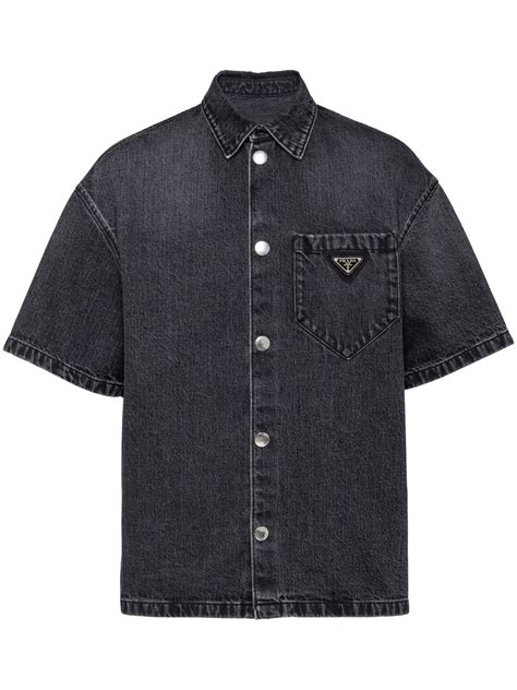 Prada Logo Plaque Denim Shirt Farfetch