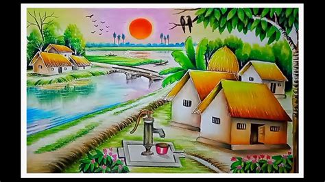 Beautiful Village Landscape Scenery Painting Tutorialprakritik Drishya