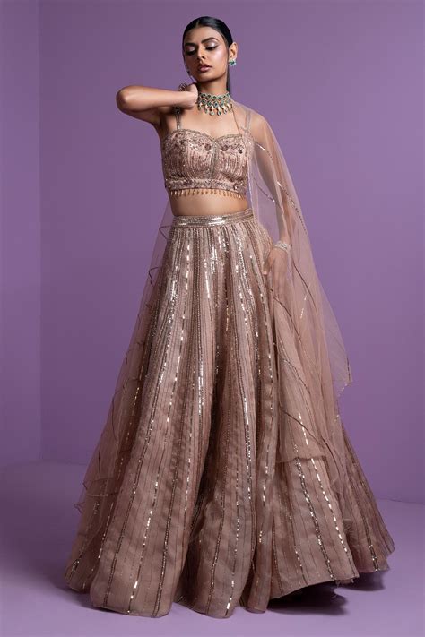 Buy Gold Metallic Sequin Striped Embroidered Lehenga Set For Women By