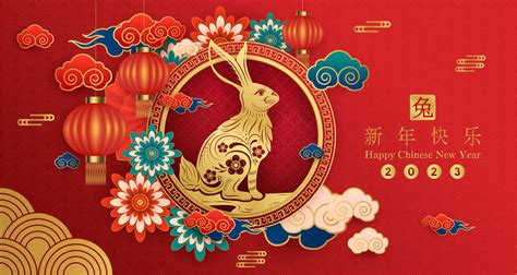 Card happy Chinese New Year 2023, Rabbit zodiac sign on red background. Asian elements with ...