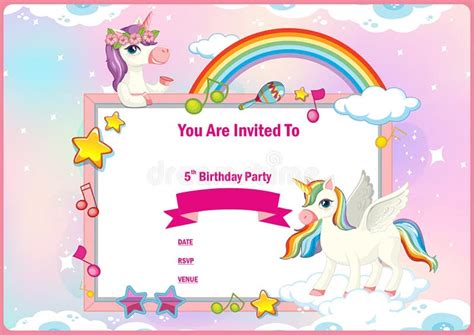 Unicon Birthday Invitation Card Template With Balloon Rainbow Sky