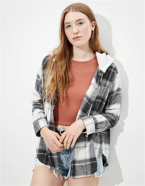 Ae Plaid Flannel Hooded Button Up Shirt