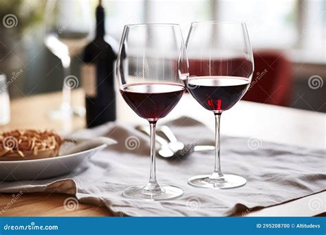 Two Wine Glasses Filled With Red Wine On A Dining Table Stock Photo