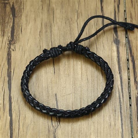 Pulsera Negra De Cuero Trenzado Ajustable Para Hom Grandado