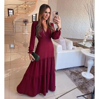 Vestido Longo Manga Longa Decote V Feminino Duna Viscolinho Shopee Brasil