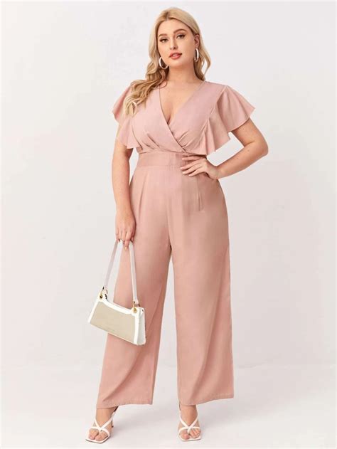 Plus Deep V Neck Butterfly Sleeve Surplice Front Jumpsuit Curvy