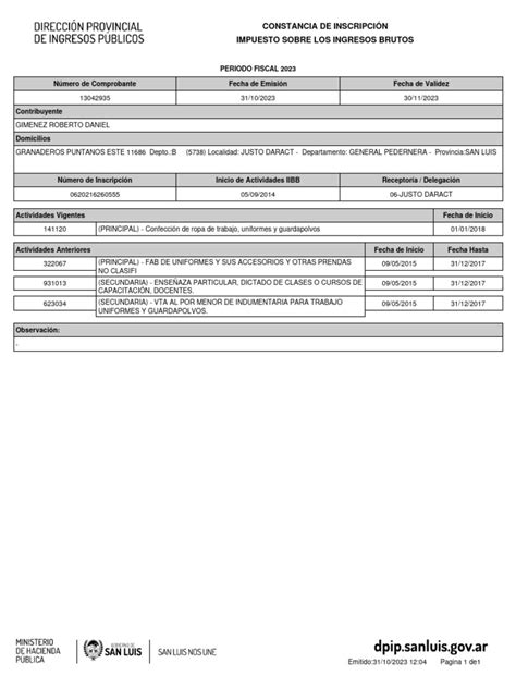 Constancia De Inscripcion De Ingresos Brutos Gimenez Daniel Pdf