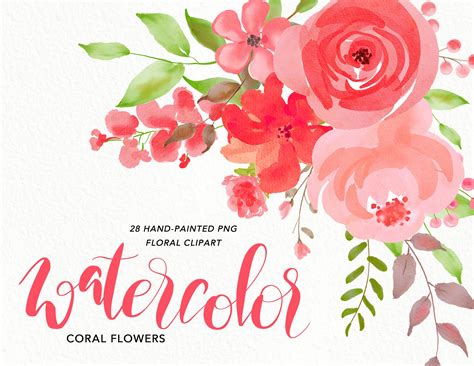 Watercolor Coral Flowers Clipart Soft Roses Branch Leaves Etsy