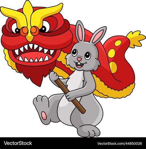 Rabbit Dragon Dancing Cartoon Colored Clipart Vector Image