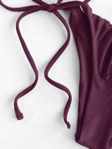 Zaful Keyhole Bandeau Tie Side Ribbed Bikini Swimwear In Red Wine Zaful