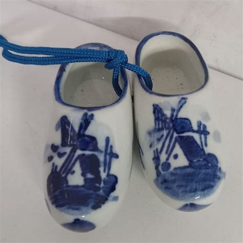 Delft Pottery Miniature Clog Shoes Ornament Dutch Blue White