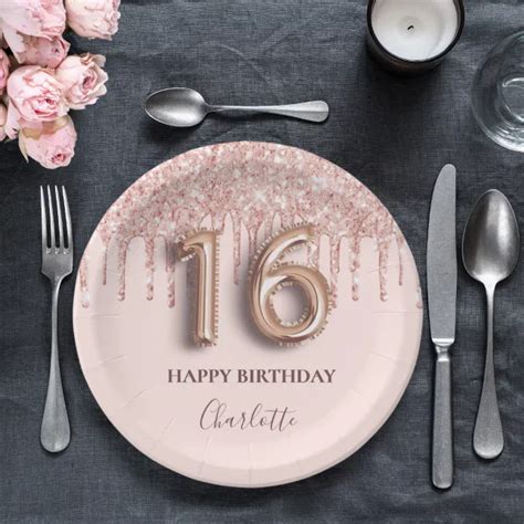 16th Birthday Rose Gold Glitter Pink Balloon Style Paper Plates Zazzle