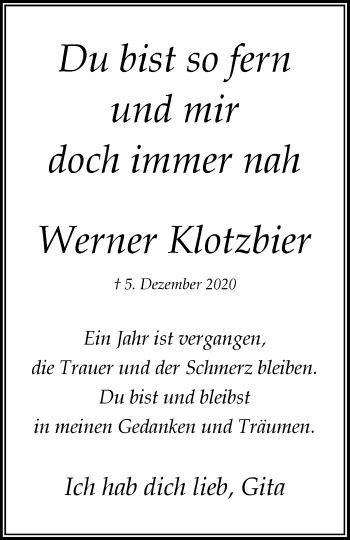 Traueranzeigen Von Werner Klotzbier Trauer In Nrw De