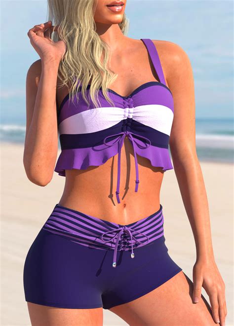 Striped Ruffle Drawstring Purple Bikini Top Rosewe Usd