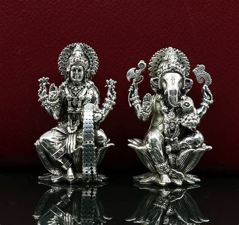 Fine Pure Silver Laxmi Ganesh Saraswati Hindu Idol Statue For Home