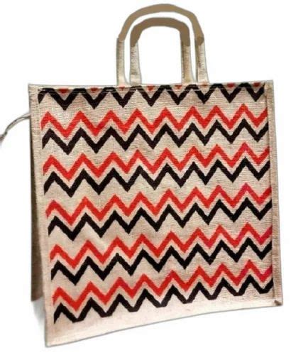 Loop Handle Light Brown Base Printed Zipper Jute Shopping Bag Size