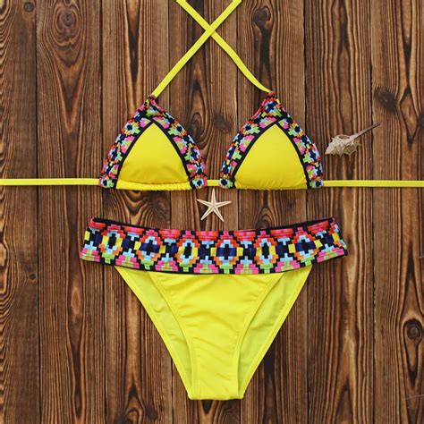 Lady Bright Yellow Patchwork Bikini Strappy Push Up Padded Bikini Set