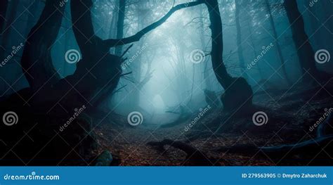 Misty Forest With Ghostly Apparitions And A Full Moon In The Background