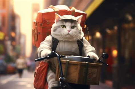 Premium Photo Cute Cat Riding Bike In Courier Outfit Delivers