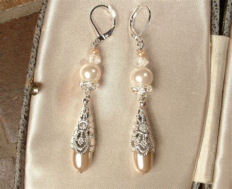 Art Deco Nude Champagne Ivory Pearl Rhinestone Long Silver Etsy