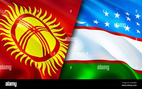 Kyrgyzstan and Uzbekistan flags. 3D Waving flag design. Kyrgyzstan ...