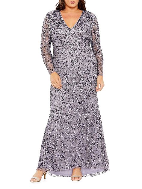 Mac Duggal V Neck Sequin Embellished Long Sleeved Gown Vintage Lilac