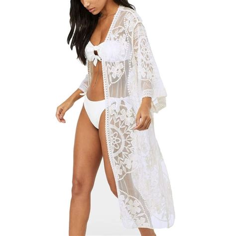 Bsubseach Women White Sexy Lace Long Sleeve Swimsuit Embroidery Beach