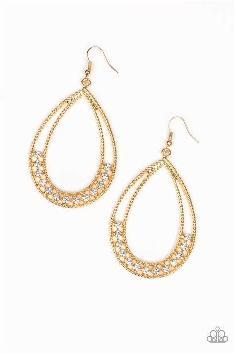 Paparazzi Glitz Fit Gold Frame White Rhinestone Teardrop Hoop Earrin