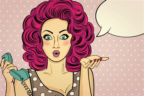 Surprised Pop Art Woman With Retro Phone Who Tells Her Secrets Pin Up