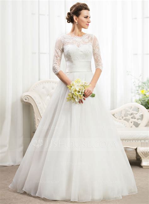 A Lineprincess Scoop Neck Floor Length Organza Satin Lace Wedding