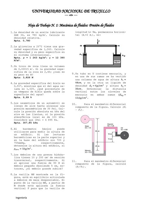 Mec Nica De Fluidos Presi N Pr Ctica Ooo Hoja De Trabajo N