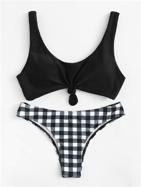 Shop Gingham Knot Bikini Set Online Shein Offers Gingham Knot Bikini