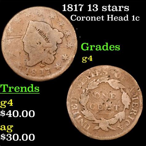 1817 13 Stars Coronet Head Large Cent 1c Grades G Good