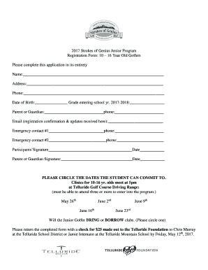 Fillable Online Registration Form 10 16 Year Old Golfers Fax Email