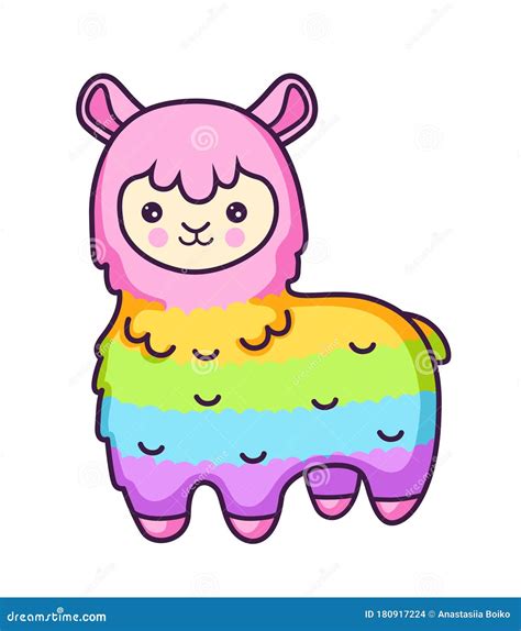 Kawaii Rainbow Llama Alpaca Cute Cartoon Character Stock Vector