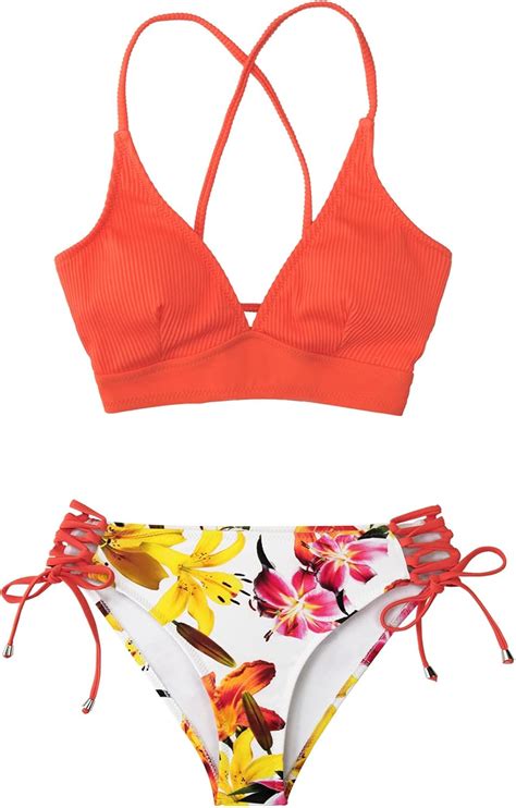 Cupshe Women S Floral Adjustable Lace Up Side V Neck Bikini Sets