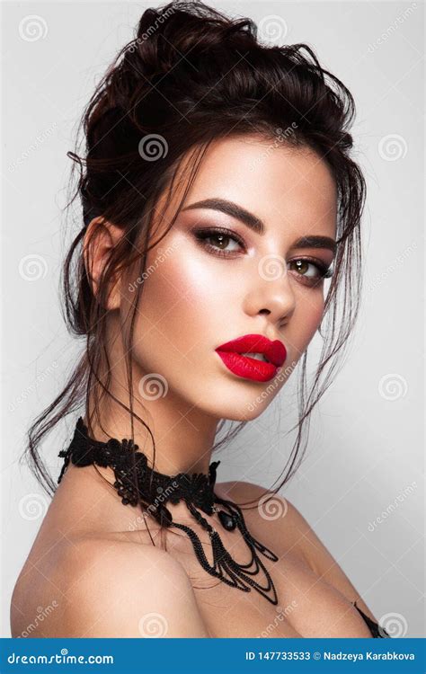 Gorgeous Young Brunette Woman Face Portrait Red Lips Stock Image