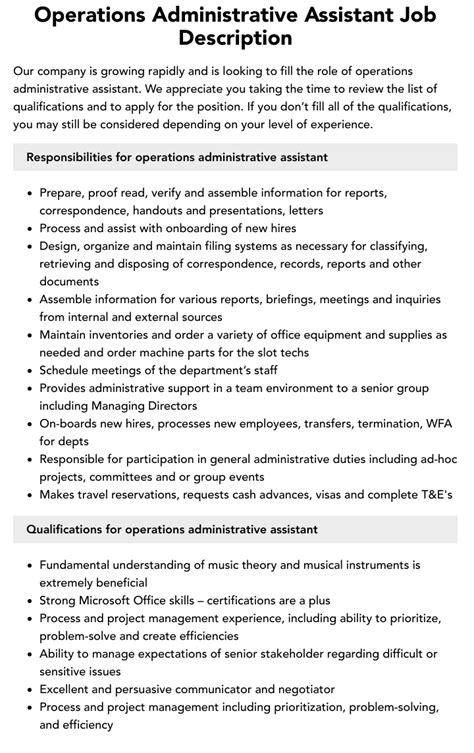 Operations Administrative Assistant Job Description Velvet Jobs