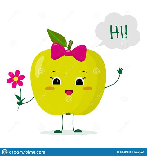 Kawaii Cute Green Apple Fruit Cartoon Character With A Pink Bow Holding A Flower And Welcomes