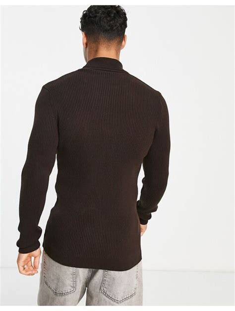 Buy New Look Ribbed Muscle Fit Turtle Neck Sweater In Dark Brown Online