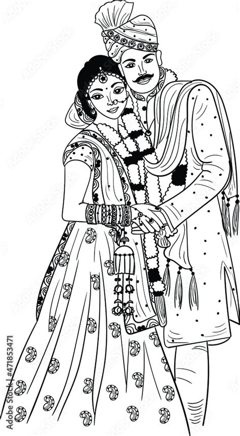 INDIAN GROOM AND BRIDE BARAAT BANDOLI WEDDING CARD CLIP ART LINE