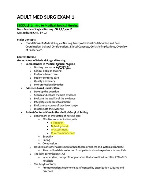 Adult MED SURG EXAM 1 Exam 1 Study Guide ADULT MED SURG EXAM 1