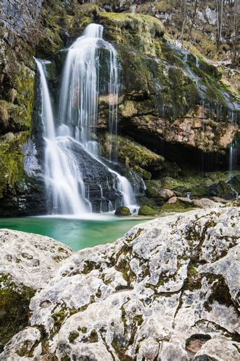 Beautiful Waterfall Virje In Long Exposure Bovec Slovenia Stock Photo