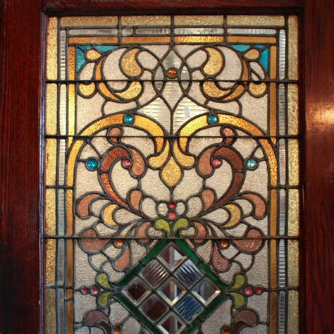 Large 38â€ Antique Oak Front Door With Jeweled Stained Glass 1800â€™s