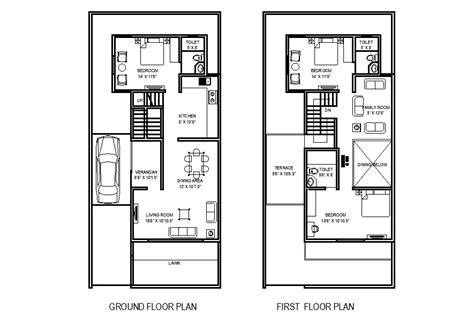 27’x58’ row house plan is given in this Autocad drawing file. This is ...