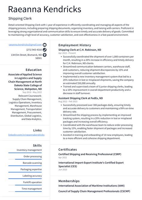 Shipping Clerk Resume Examples And Templates Resumecat