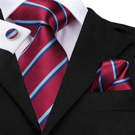 Red Blue Classic Striped Men S Silk Tie Hanky Cufflinks Set Mens Silk