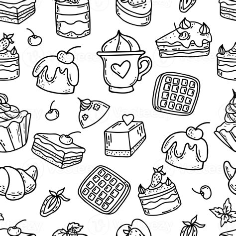 Linear Seamless Pattern With Sweets Cakes Waffles Cream Desserts