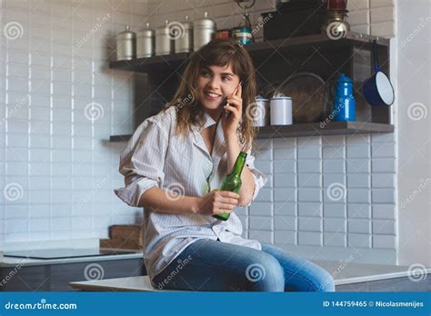 Woman Talking On Mobile Phone And Drinks Beer Stock Image Image Of