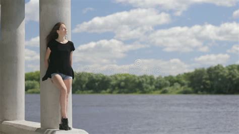 Young Attractive Woman Standing Near The River Stock Video Video Of